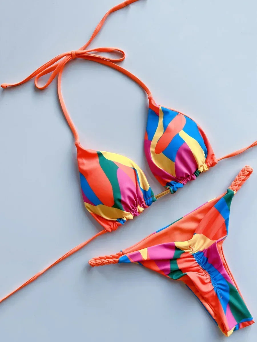 Leopard Halter Scrunch Butt Micro Thong Bikini Women Swimwear Female Swimsuit Two-pieces Bikini Set Bather Bathing Suit Swim