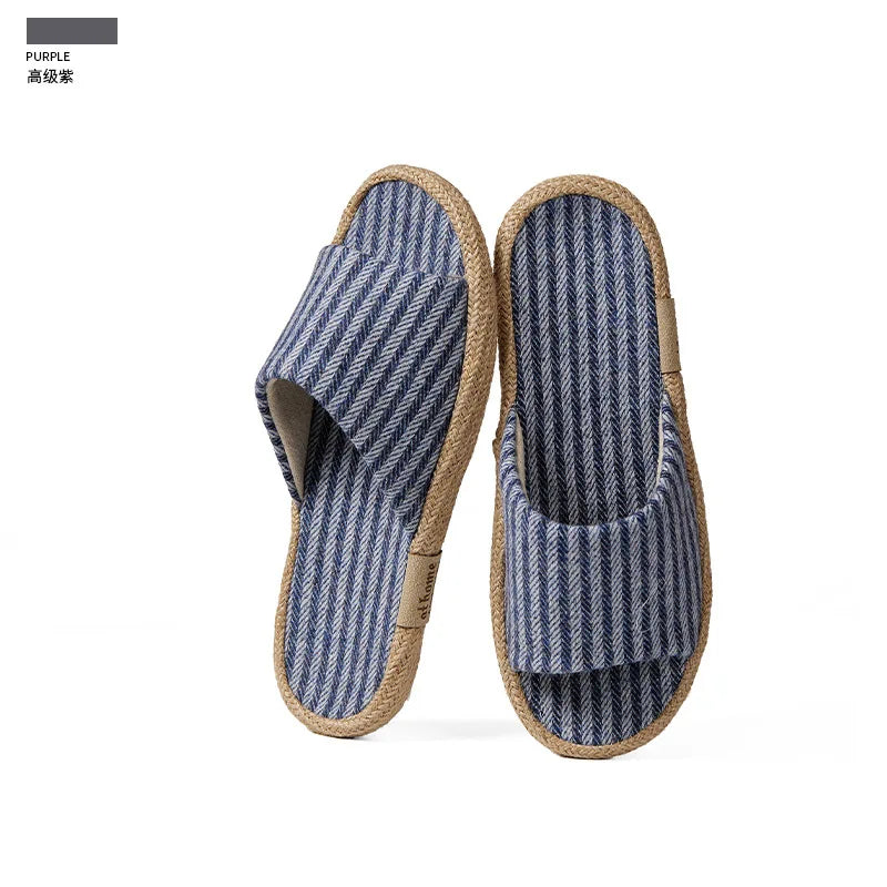 Janpanest Style Cotton Linen Slippers For Womeen Men Leisure House Shoes Striped Style Anti-slip Couples Home Breathable Slides
