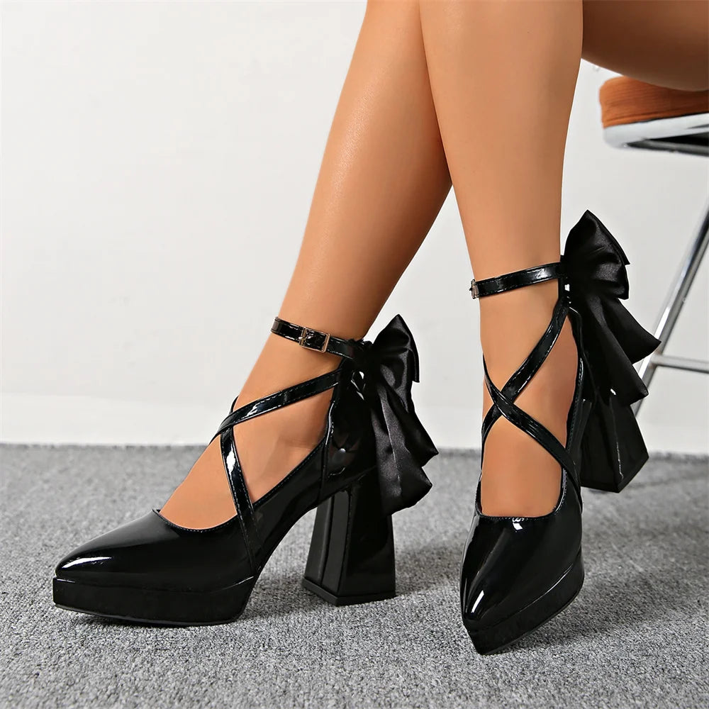 Big Size 42 Black Gothic Cross-strap High Heels Pumps Lolita Bow Tie Chunky Heels Platform Heeled Mary Jane Goth Shoes Women