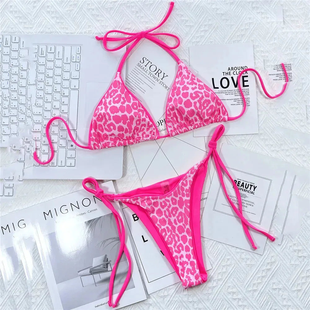 Pink Leopard Print Swimwear String Halter Triangle Bikini Set Micro Thong Sexy Swimsuit Women 2026 Bating Suit Bikinis De Mujer