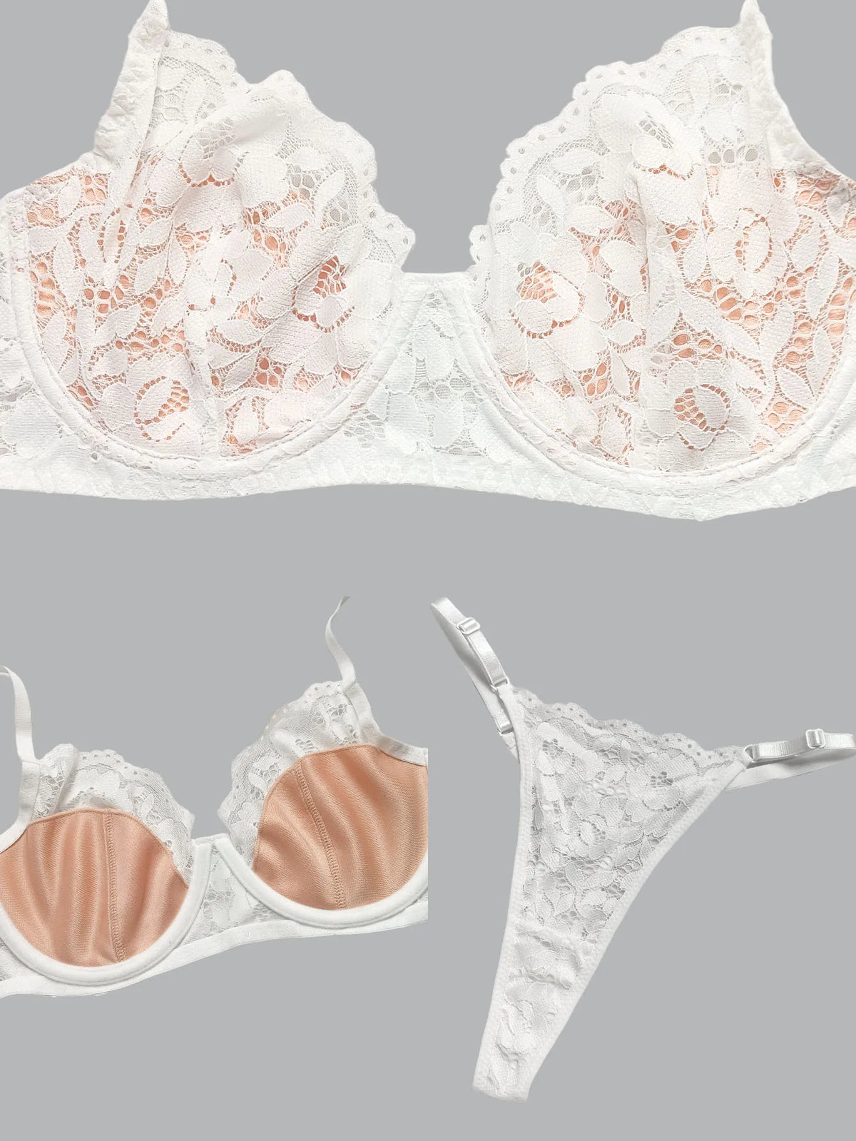 Sexy Mesh Sheer Underwire Push Up Lingerie Set Lace Lingerie Set No Padding White Floweral Bra and Panty Set