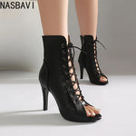 Plus Size Women Peep Toe Cutout Lace Up Ankle Boots with Side Zipper Stiletto High Heels Summer Hollow Out Short Booties