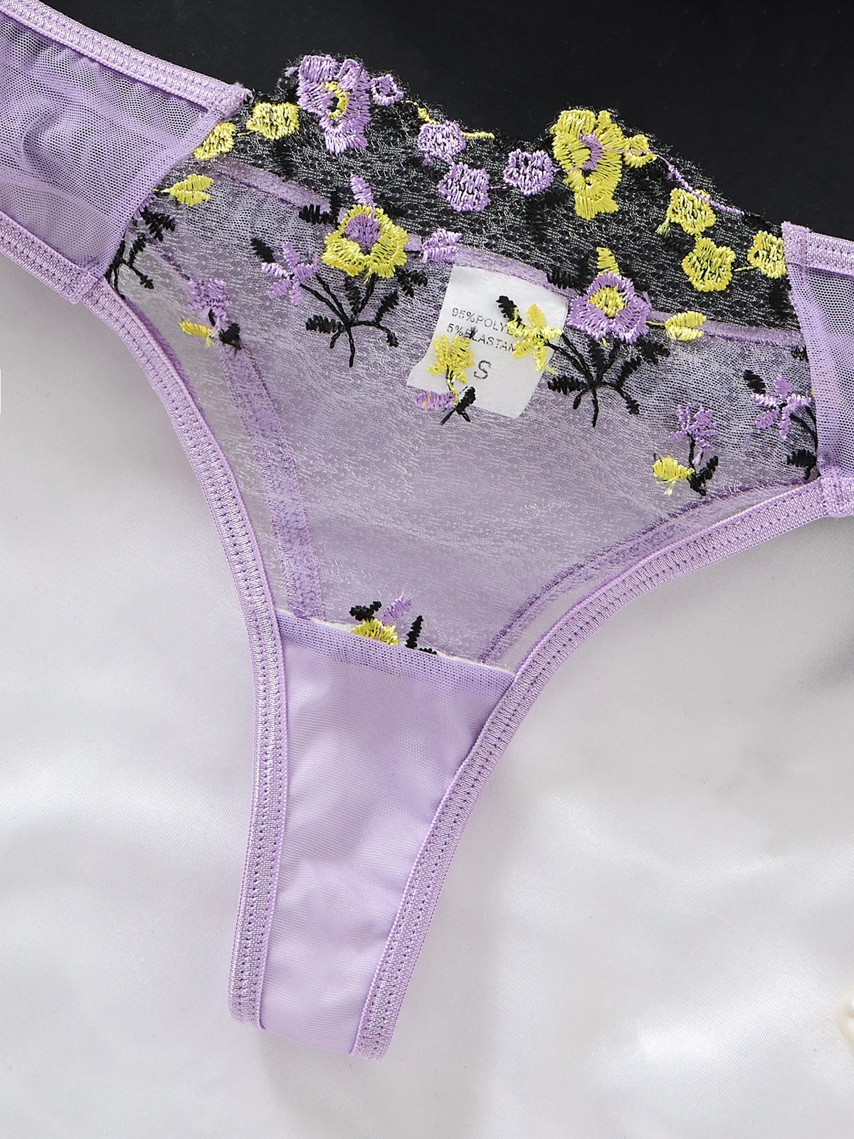 Women's Purple Floral Embroidery Lingerie Set Half Cup Push Up Bra And Thong Sheer Mesh Lace Comfortable Sexy Underwear ZA824026