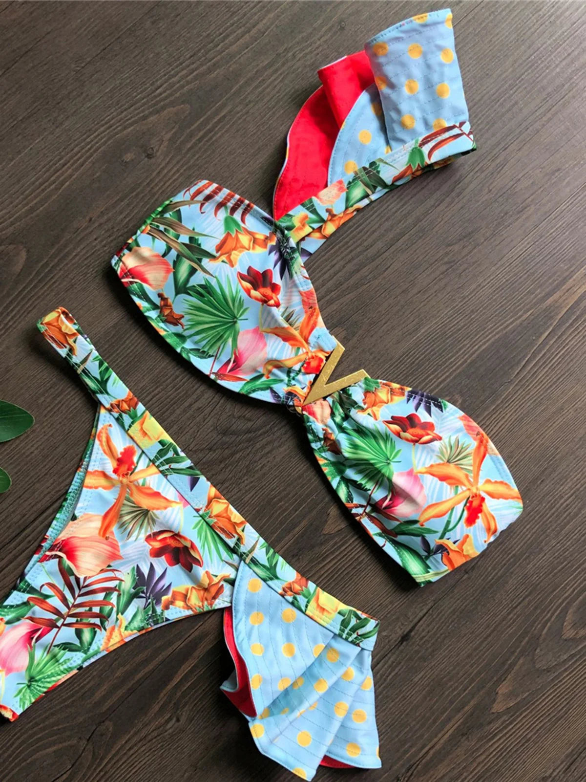 Flower Printed One Shoulder Bikini Women Swimwear Female Swimsuit Frilled Bather Bathing Suit Swim Two-pieces Bikini set K8049