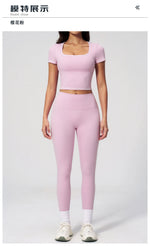 2PC Color Contrast Yoga Suit Women Short Sleeve Square Collar Slim Sports Top Fitness Suits Outdoor Exercise Leggings Tracksuit