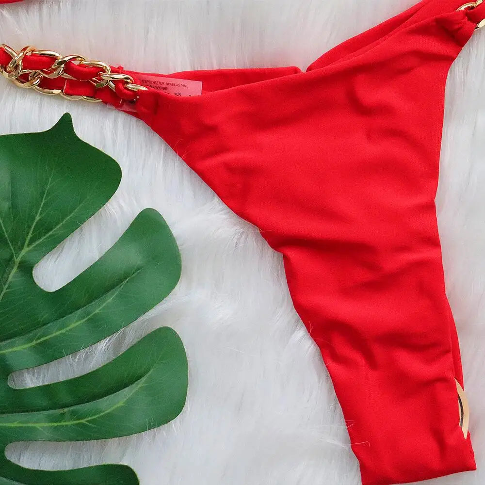 DEKA Brazilian Chain Bikini Set Women's Swimsuit Stylish Solid Thong Swimwear Diamond Separate Beachwear Bathing Suit