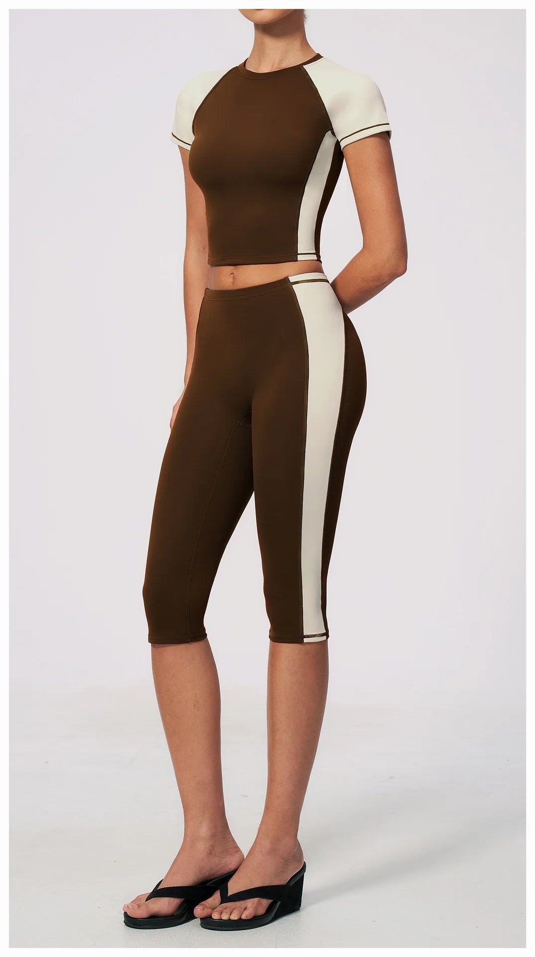 Color Blocking 2PCS Yoga Set Women's Tracksuit Short Sleeve O Neck Sports T Shirts High Waist Cropped Pants Tight Fitness Suits