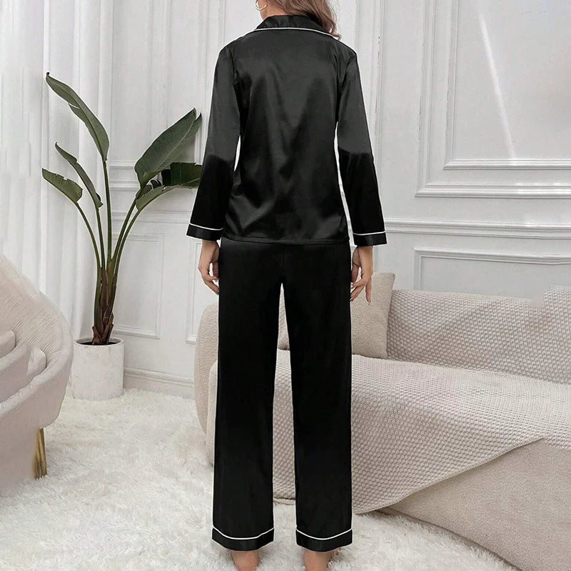 Women's Luxurious Satin Pajamas Pj Set Turn-down Collar Button Tops & Pants Sleepwear & Loungewear for Summer Home Clothes Suit