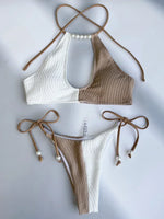 XS - L Splicing Halter Hollow Out Ribbed Bikini Female Swimsuit Women Swimwear Two-pieces Bikini Set Pearls Bathing Suit Swim