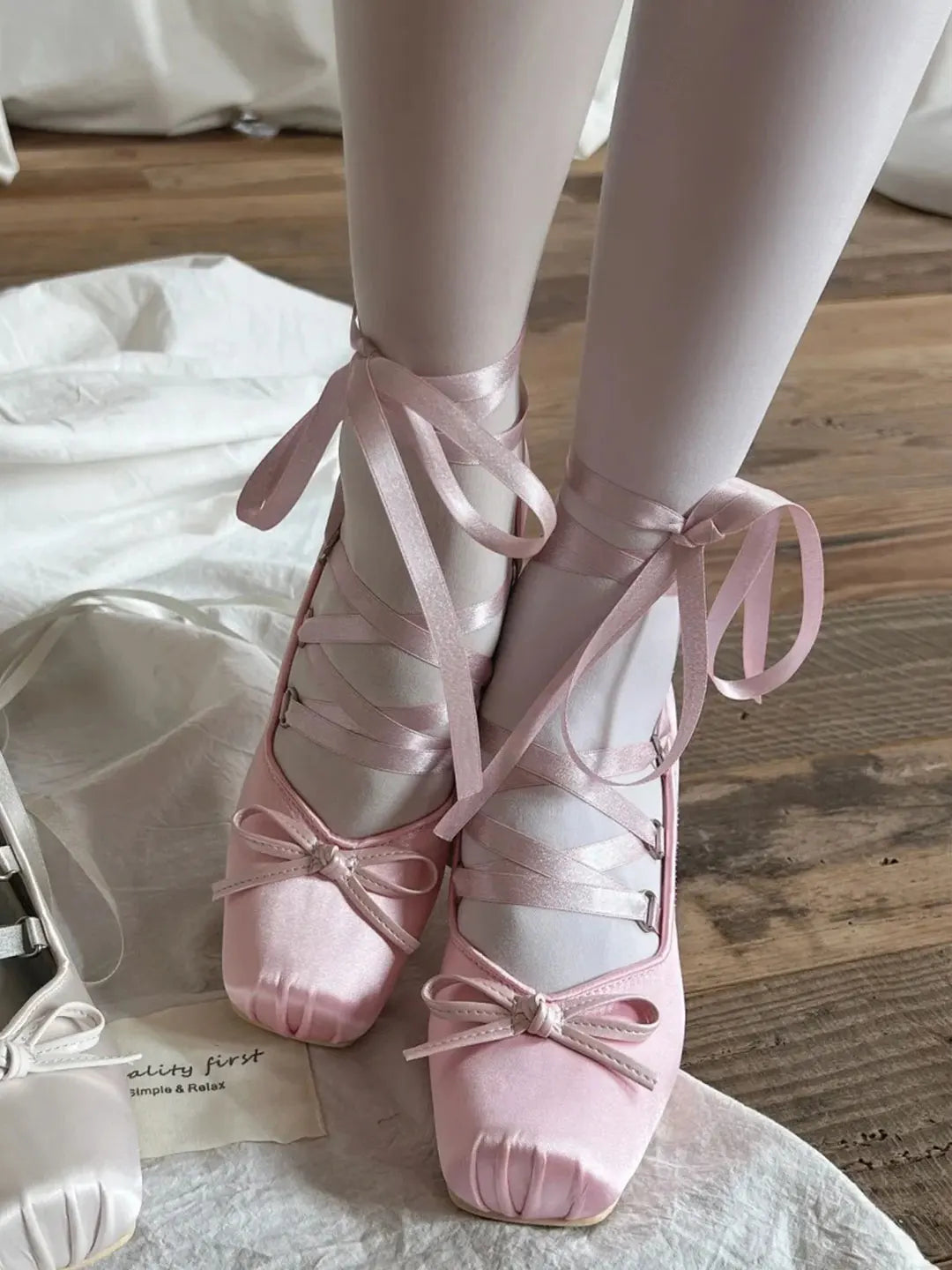 Big Size 43 Sweet Purple Mary Janes Pumps Ribbon Tied Satin 9cm Block High Heels Ballet Shoes Women White Party Wedding Shoes