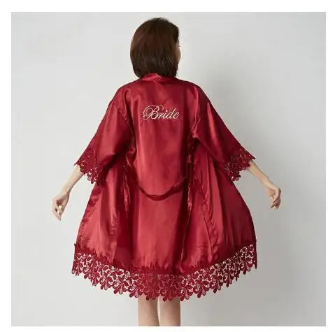 Champagne Bride Bridesmaid Wedding Robe Lace Sleepwear Home Wear Sexy Satin Bathrobe Gown Female Nightdress Intimate Lingerie
