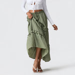 Elegant Women Long Tiered Skirt Summer Autumn Casual Ruffled Shirred Frill Trim Elastic Waist Drawstring A-Line Skirt Streetwear