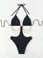 Woman Bikini Triangle Top Ribbed Fabric Black Bikinis Side Cutout Chain Detail Swimsuit High Cut Bottom Belly Chain Beachwear