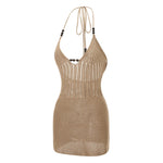 Women Backless Halter Mini Dress Casual Summer Knit Crochet Cutout Bodycon Party Dress for Beach Club Streetwear