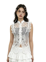 Women's Solid Color Lace Tank Tops Mandarin Collar Sleeveless Frog Buttons Summer Vest