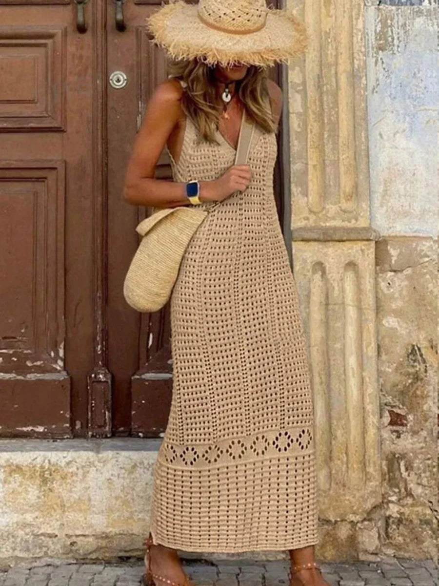 S - XL 2025 V Neck Hollow Out Crochet Knitted Tunic Beach Cover Up Long Cover-ups Beach Dress Beach Wear Beachwear Female Women