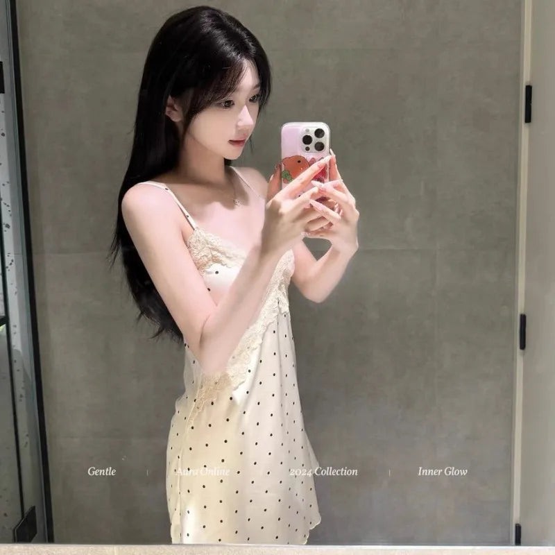 Cute Dress Sexy Charming Pointed Collar Suspender Nightgown Women Summer Satin Fabric V-neck Lace Pajama Set for Home Wear NEW