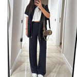 Women's Two Piece Outfit Casual Full Zip-up Short Sleeve Shirt And Wide Leg Pants Set Office Casual Lounge Tracksuit