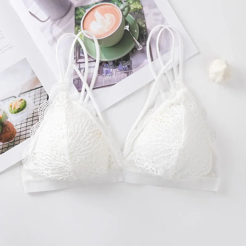 Women Scalloped Lace V Neck Padded Bra Fixed Non Adjustable Double Thin Strap Triangle Hollow Bralette One Size Underwear