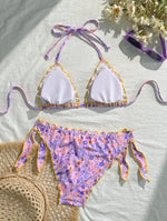 Women Cute Bikini Set 2025 New Summer Orange Floral Print Halter Ruffles Push Up Tie Side Thong Swimsuit Bathing Suit