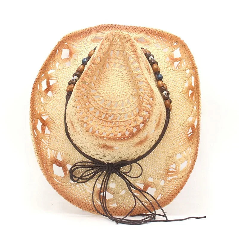 Women Cowboy Hat Creative Curled Straw Hollow Design Ethnic Style Beads Chain Decoration Shade Straw Hat Summer Sun Cap