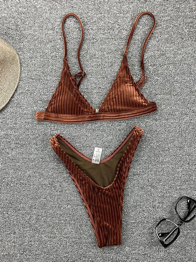 Ribbed Metallic Velvet Bikini Women Swimsuit Female Thong Swimwear Two Pieces Bikini Set High Cut Bathing Suit Swim Beachwear