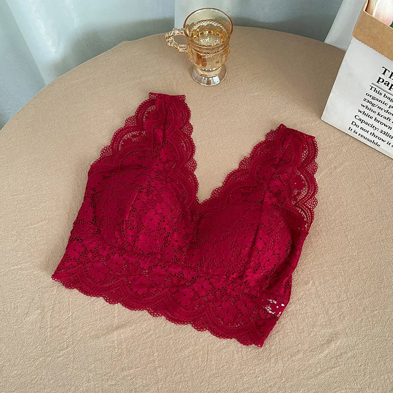 Lace Bras Top Women Sexy Deep V Neck Lingerie Wire Free Tank Tops Female Underwear V Back Bralette Tops Padded Camisole