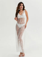 Women Lace Dress Sleeveless V Neck Long Dress for Party Club Beach 2026 Summer Sexy See Through Bikini Cover-ups