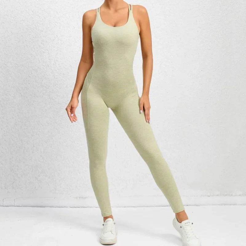 Seamless High-Waisted Peach Hip Yoga Jumpsuit for Women - Fast Drying Sweat-Wicking Tight Running Sports Jogging Gym Activewear