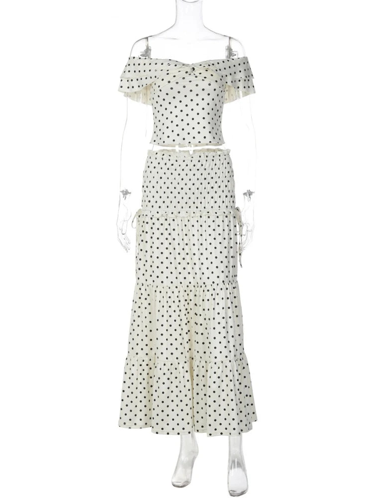 FDYOUI Woman Clothing Polka Dot Crop Tops and Lace-up Skirt Two Piece Sets Female Elegant Slash Neck Long Vacation Dresses Suit