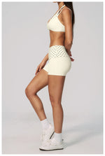 Breathable Striped Patchwork Yoga Clothing Women Fake Two-piece Sports Bra Folding High Waist Shorts Gym Running Fitness Suit