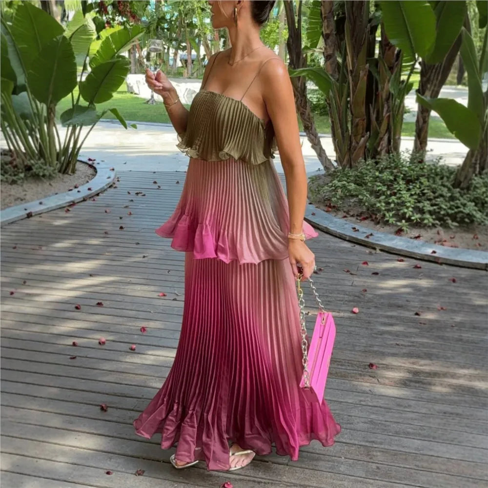 MsChuh Vestidos 2026 Woman Dress Vestido Dresses Spaghetti Strap Temperament Playful Gradient Ruffles Sleeveless Pleated Holiday