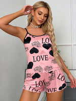 Women's Pink Heart LOVE Print 2 Piece Pajama Set, Spaghetti Strap Cami Top and Ruffle Hem Shorts, Summer Loungewear