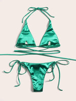 Halter Brazilian Metallic Satin Bikini Women Swimwear Female Swimsuit Two-pieces Bikini Set High Cut Bathing Suit Swim Beachwear