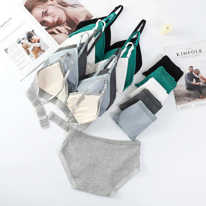 Women Padded Bra And Panties Set Low Waist Briefs Wire Free Bra Female Solid Color Underwear Sexy Lingerie Set One Size
