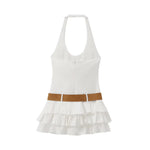 Halter Backless White Summer Women's Dress Sleeveless Beach Boho Short Mini Tierred Dresses with Shorts New Dress with Belt