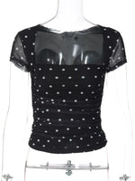 FDYOUI Chic Square Collar Black T-shirts Women's Summer Short Sleeve Polka Dot T Shirt 2026 Girls Clothes Slim Ruched Crop Top