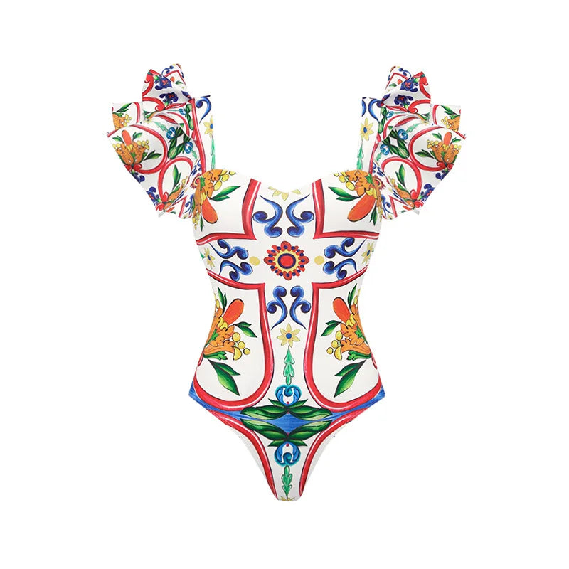 2024 Women Swimwear 2PC Cover-up Swimsuit Ruffle Solid Printed Deep V One-piece Monokini Kimono Bikini Suit Summer Beachwear