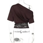 FDYOUI Sexy Chic Diagonal Collar Lace Patchwork T-shirts 2026 Women Short Sleeve Irregular Cropped T Shirt Lady Tunics Tops Tees