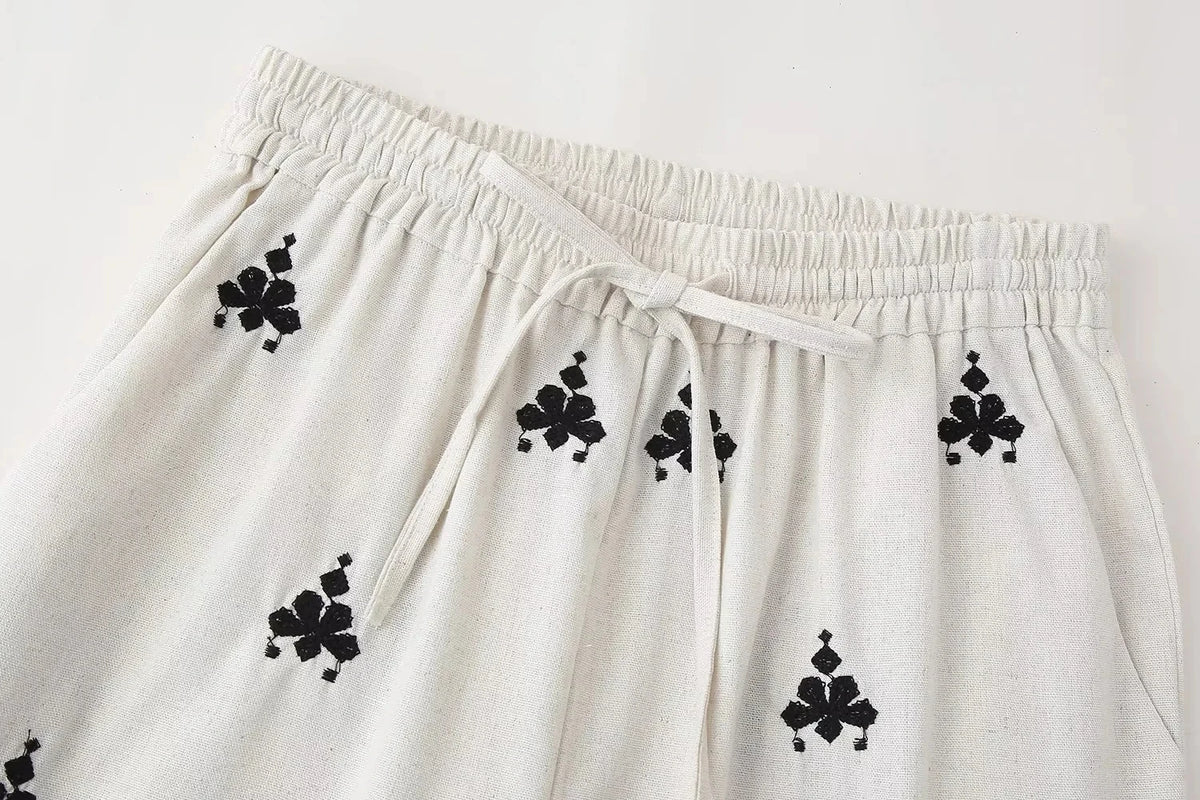 Foridol Geometric Pattern Embroidery Long Pants Women Wide Leg Beige Casual Summer Pants Elastic Waist Drawstring Pants 2025