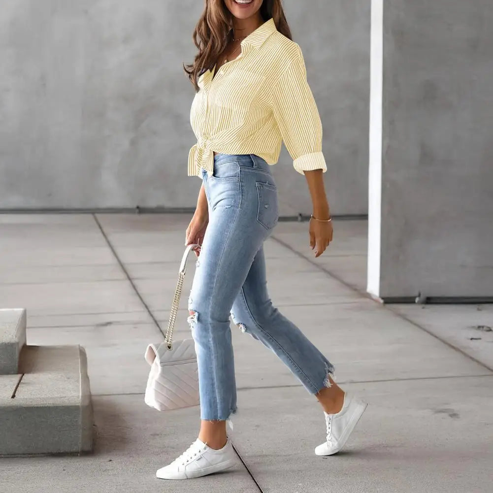 Women Shirt Lapel Long Sleeve Women's Shirts Single Breasted Shirt Tops with Patch Pocket Office Tops