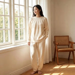 Autumn Winter Embossed Raglan Sleeve Pullover Cuffed Pants Ladies Homewear Sleepwear Women Solid Color Soft Pajama Set