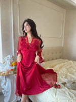French sexy Pure Temptation Mesh Lace Nightgown for Women Spring Summer Ice Silk Long Sleeve Cutout Back Sleepwear Homewear