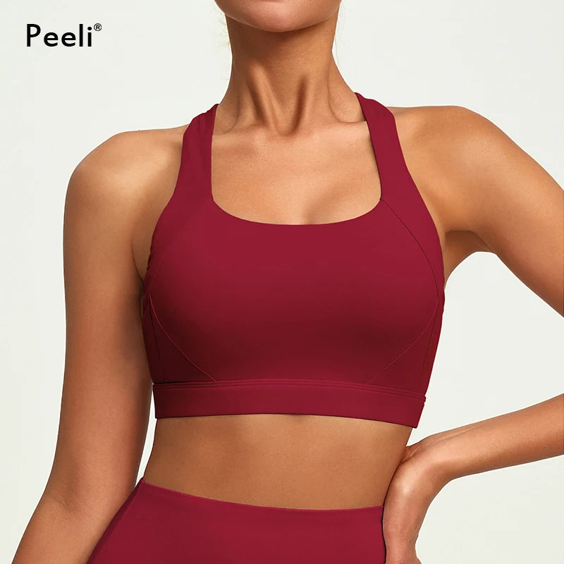 Solid Color Sports Bra Women Cross Back High Support Yoga Bra Sports Top Compression Training Gym Bras Fitness Underwear Woman