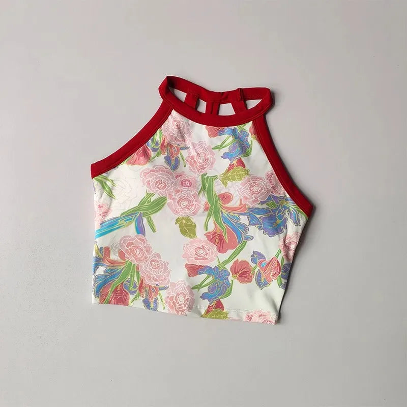 New High-end Yoga Lingerie Women's One-piece Fixed Cup Shock-proof Underwear Gathering Sexy Printed Wide Shoulder Strap Vest