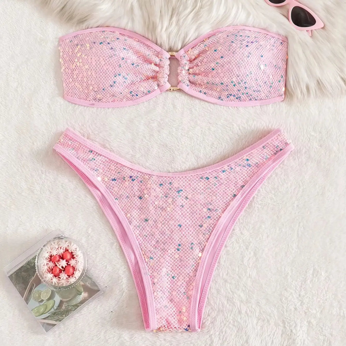 DEKA Gold Shiny Bandeau Bikini Set Women Sequin Front Ring Push Up Micro Swimsuit Summer Bathing Suit Thong Swimwear Biquin