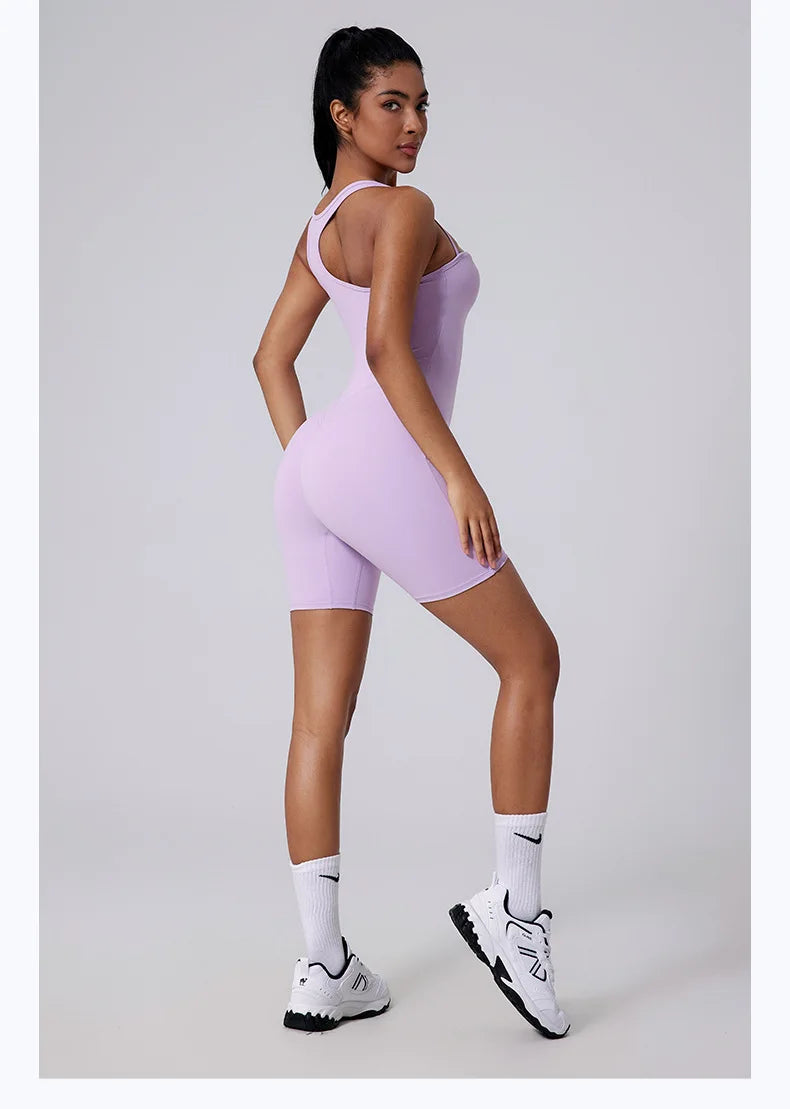 Sexy Fitness Yoga Jumpsuit Women Sleeveless Slim Playsuit Pleated Hollow Running Scrunch Shorts Romper One Piece Sports Suit