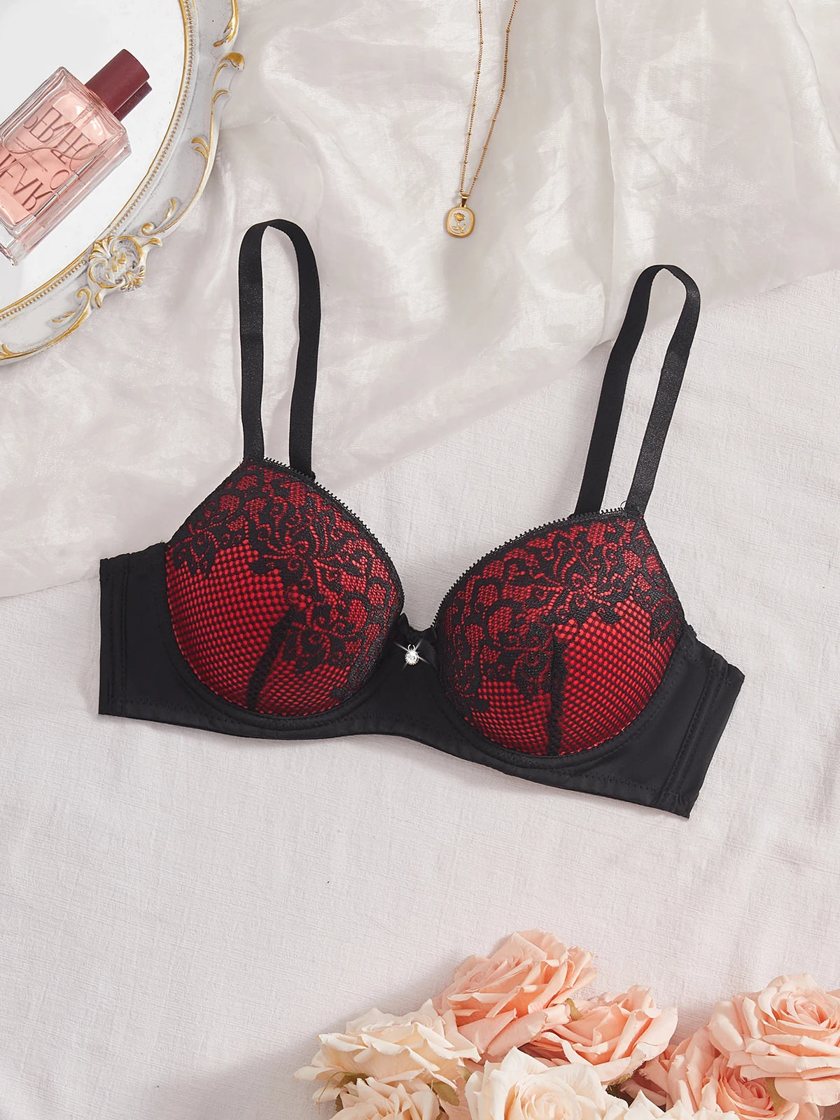 Elegant Women Lace Bra Contrast Color Underwire Push Up Brassiere Sexy Everyday Comfort Ladies Lingerie