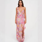 Deep V-neck Strap Dress Sexy Ruffled Long Dress Womens Pink Rose Print Strap Dress Ruffle Sleeveless Summer Beach Dress GO0Y