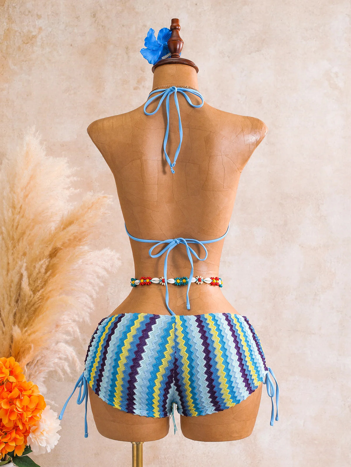 Vintage Blue Striped Knitted Cover Up 3 Piece Bikini Set 2026 Swimwear Women Push Up Bra Drawstring High Waist Shorts Swimsuit